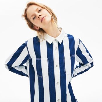 Lacoste LIVE Striped Cotton Shirtdress - Šaty Dámské Bílé / Tmavě Blankyt Blankyt | CZ-8iF7Sp